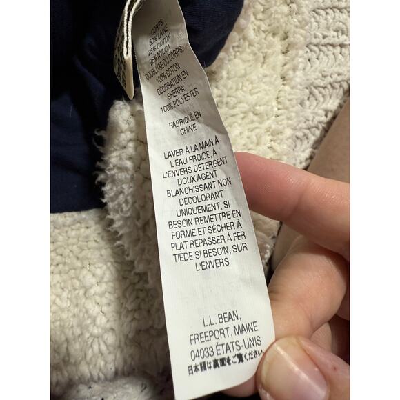 LL Bean Hooded Sweater Sherpa Button Wool Blend 290407 Womens Small Blue White - Picture 9 of 10